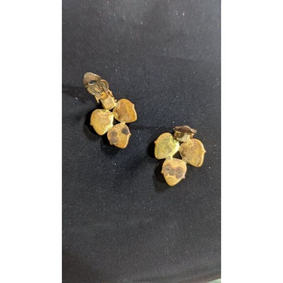 Vintage West Germany Amber Glass Clip-On Earrings Floral Design 1.25" Rhinestone - Picture 5 of 10